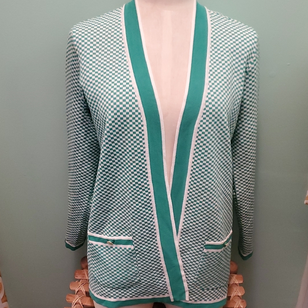 Anne Klein Teal and White Checkered Cardigan
